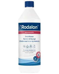 Rodalon Indendørs desinfektionsmiddel, 1-liters flaske med blå låg. Fjerner dårlig lugt, effektiv mod virus og bakterier. Til køkken, badeværelse, inventar og tekstiler. Blegemiddelfri.
