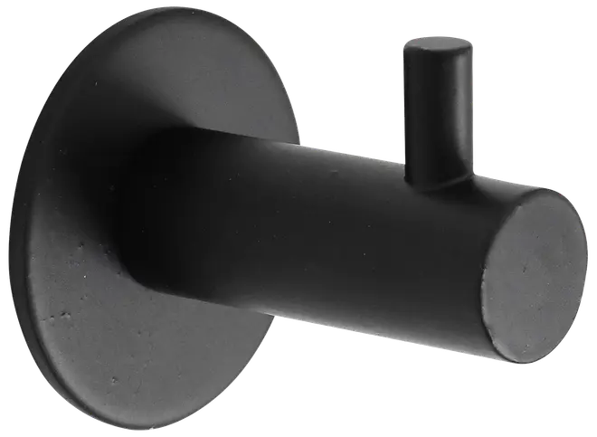 Mat sort vægkrog med cylindrisk krop og rund base, lille tap til ophæng. Moderne, minimalistisk design, velegnet til badeværelse, køkken eller entré.