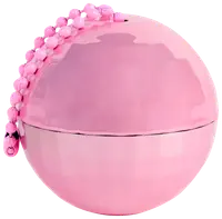 Rund, blank lyserød keramisk sparebøsse formet som en kugle med møntindkast øverst og en dekorativ lyserød perlekæde over siden.