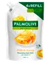 Palmolive Naturals Milk & Honey handtvål refillpåse, 1000 ml, med honungskakebild, grön och vit förpackning, 4x refill, 82% mindre plast, innehåller vitamin E, närande formula.