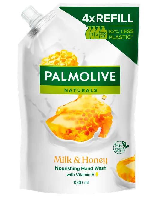 Palmolive Naturals Milk & Honey handtvål refillpåse, 1000 ml, med honungskakebild, grön och vit förpackning, 4x refill, 82% mindre plast, innehåller vitamin E, närande formula.