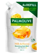 Palmolive Naturals Milk & Honey handtvål refillpåse, 1000 ml, med honungskakebild, grön och vit förpackning, 4x refill, 82% mindre plast, innehåller vitamin E, närande formula.