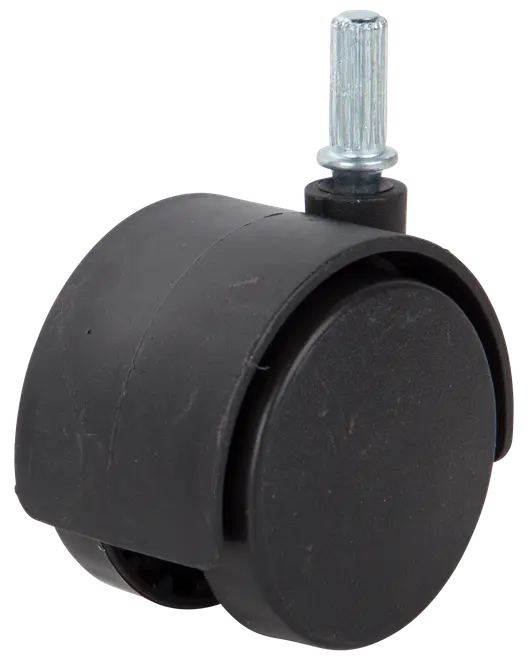 Svart plastkontorsstolshjul med metallstift för enkel montering. Smidig rullning, passar för byte eller uppgradering av hjul. Hållbar konstruktion.