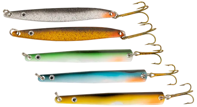 Sæt med fem metalfiskekroge i forskellige farver, hver med realistisk øje og trekrog i den ene ende, velegnet til forskellige fiskeforhold.
