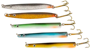 Set med fem metallfiskedrag i olika färger, varje med realistiskt öga och trekrok i ena änden, passar för olika fiskeförhållanden.