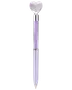 Lavendel pen med gennemsigtig hjerteformet top og transparent skaft fyldt med glitter.