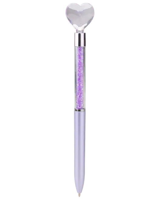 Lavendel pen med gennemsigtig hjerteformet top og transparent skaft fyldt med glitter.