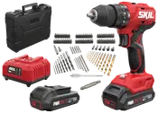 Trådløs SKIL boremaskinesæt med 20V batteri, oplader, bæretaske, mange bore- og skruetrækkerbits samt tilbehør. Ergonomisk håndtag, variabel hastighed, til forskellige opgaver.