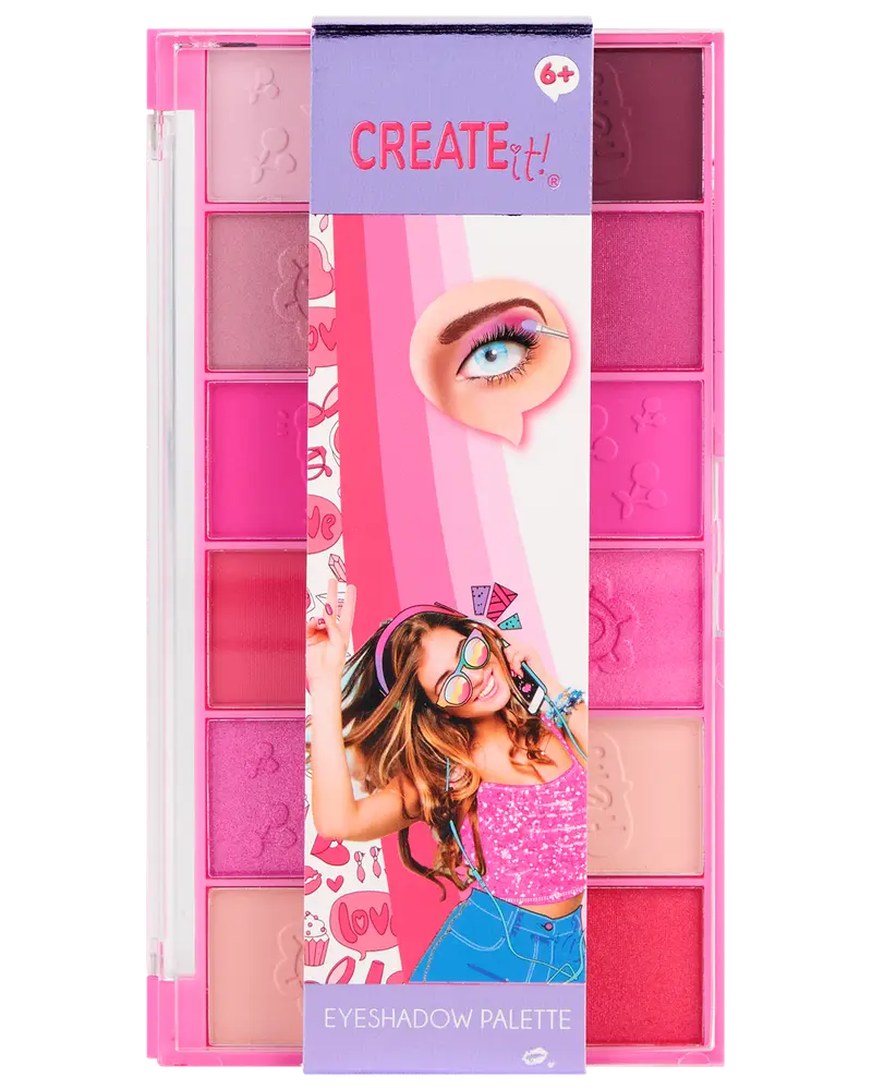 Create It! øjenskyggepalette med tolv nuancer i pink, lilla og nude toner. Indeholder matte og shimmer finishes, egnet til børn fra 6 år. Sjov, farverig emballage.
