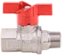 Kulventil i metall med rött handtag, 1/2 tum storlek, gängad hane och hona, lämplig för VVS eller gas, korrosionsbeständig yta, hållbar konstruktion för säker avstängning.