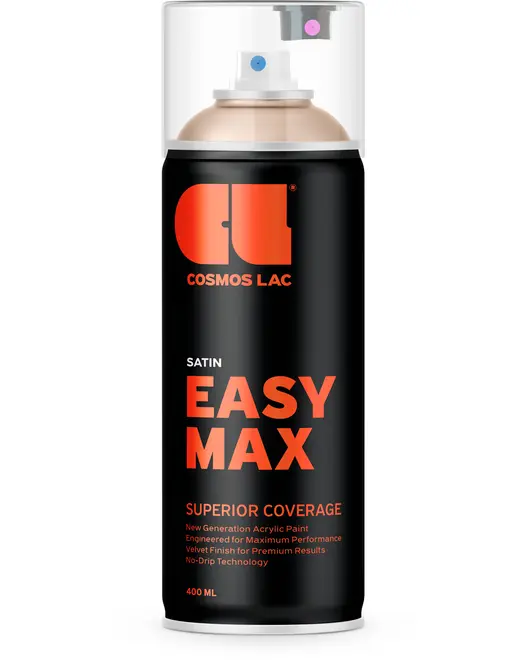 Sort spraydåse, 400 ml, mærket 'Cosmos Lac Easy Max Satin'. Giver overlegen dækning, akrylmaling, fløjlsfinish og drypfri teknologi. Klar plastikhætte.
