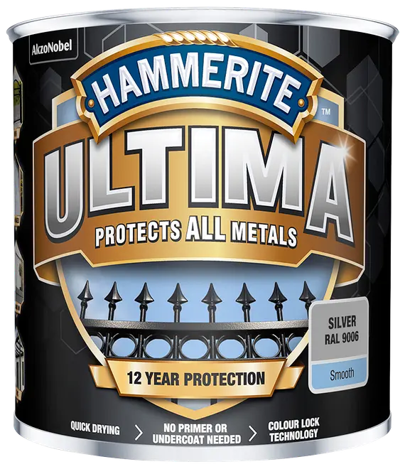 Hammerite Ultima metalmaling, sølvfarve (RAL 9006), glat finish, 12 års beskyttelse, hurtigtørrende, ingen grunder nødvendig, til alle metaller, 750 ml dåse.