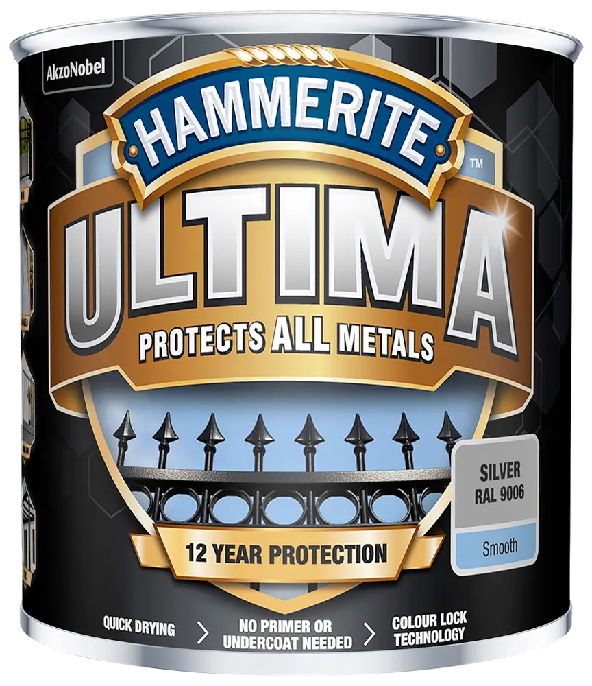Hammerite Ultima metalmaling, sølvfarve (RAL 9006), glat finish, 12 års beskyttelse, hurtigtørrende, ingen grunder nødvendig, til alle metaller, 750 ml dåse.