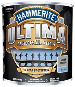 Hammerite Ultima metalmaling, sølvfarve (RAL 9006), glat finish, 12 års beskyttelse, hurtigtørrende, ingen grunder nødvendig, til alle metaller, 750 ml dåse.