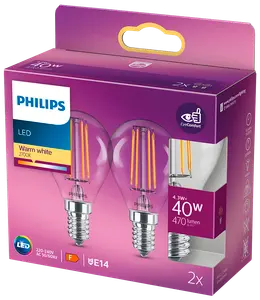 PHILIPS LED-filamentpære 4,3W E14 2-pak