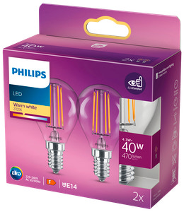 PHILIPS LED-filamentpære 4,3W E14 2-pak