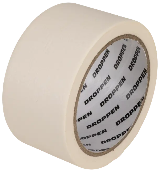 Bred rulle beige malertape med glat overflade, egnet til maling eller generel brug. Indvendig kerne med 'DROPPEN' branding. Holdbar og let at rive over med hånden.
