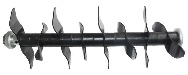 Sort metalbor med flere buede blade langs akslen, designet til jordbearbejdning eller blanding. Cylindrisk krop og robust konstruktion til tungt landbrugs- eller havearbejde.