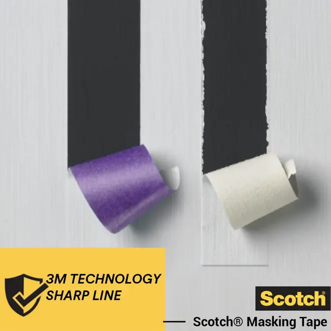 Sammenligning af to malertape på malede overflader, hvor Scotch tape giver skarpe malingskanter og den anden ujævne. Med 3M Technology Sharp Line branding.