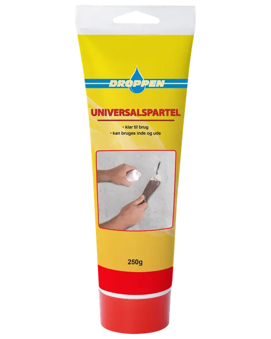250g tube Droppen Universalspartel, klar til brug, egnet til reparationer inde og ude. Gul emballage med røde detaljer og billede af påføring foran.