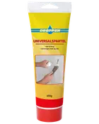 250g tube Droppen Universalspartel, klar til brug, egnet til reparationer inde og ude. Gul emballage med røde detaljer og billede af påføring foran.