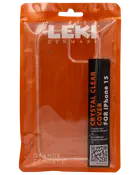 Krystalklart plastikcover til iPhone 15, pakket i en orange genlukspose. Coveret er gennemsigtigt, slankt og beskytter telefonen uden at fylde.