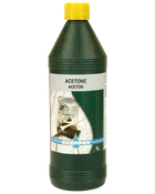 En-liters flaske acetone med gul låg, grøn krop og etiket med malerbøtte og pensel. Velegnet til rengøring, affedtning og fjernelse af maling.