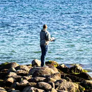 En person står på en stenpir vid havet, klädd i jacka och jeans, och fiskar. Vattnet är klart blått och stenarna har lite grönt mossa.
