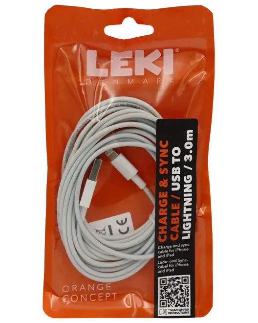 Hvid USB til Lightning oplade- og synkroniseringskabel, 3 meter langt, egnet til iPhone og iPad. Pakket i en orange LEKI-pose med tydelig mærkning.