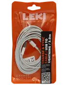 Hvid USB til Lightning oplade- og synkroniseringskabel, 3 meter langt, egnet til iPhone og iPad. Pakket i en orange LEKI-pose med tydelig mærkning.