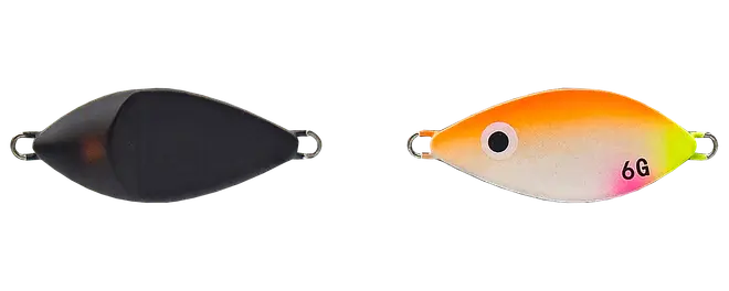 Tosidet fiskelokke med sort mat bagside og orange-hvid krop, øje, metalringe og 6G-markering.