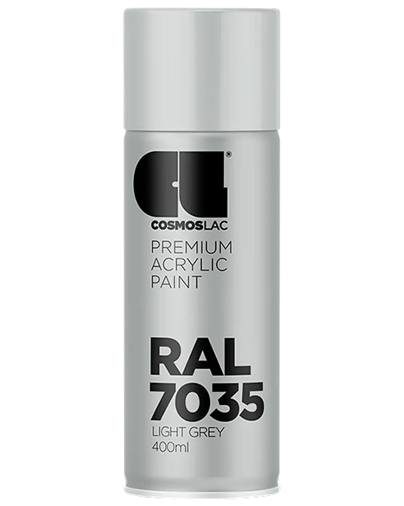 Cosmoslac premium akryl spraymaling, RAL 7035 lysegrå, 400 ml dåse. Mat finish, egnet til forskellige overflader. Nem aerosol til jævn påføring.