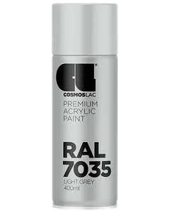 Cosmoslac premium akryl spraymaling, RAL 7035 lysegrå, 400 ml dåse. Mat finish, egnet til forskellige overflader. Nem aerosol til jævn påføring.