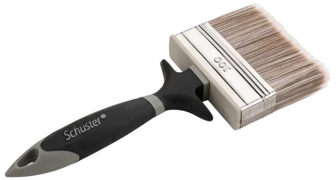 Bred malerpensel med syntetiske børster, sort ergonomisk håndtag med 'Schuster' og metalbånd mærket '100'. Velegnet til maling af store overflader.