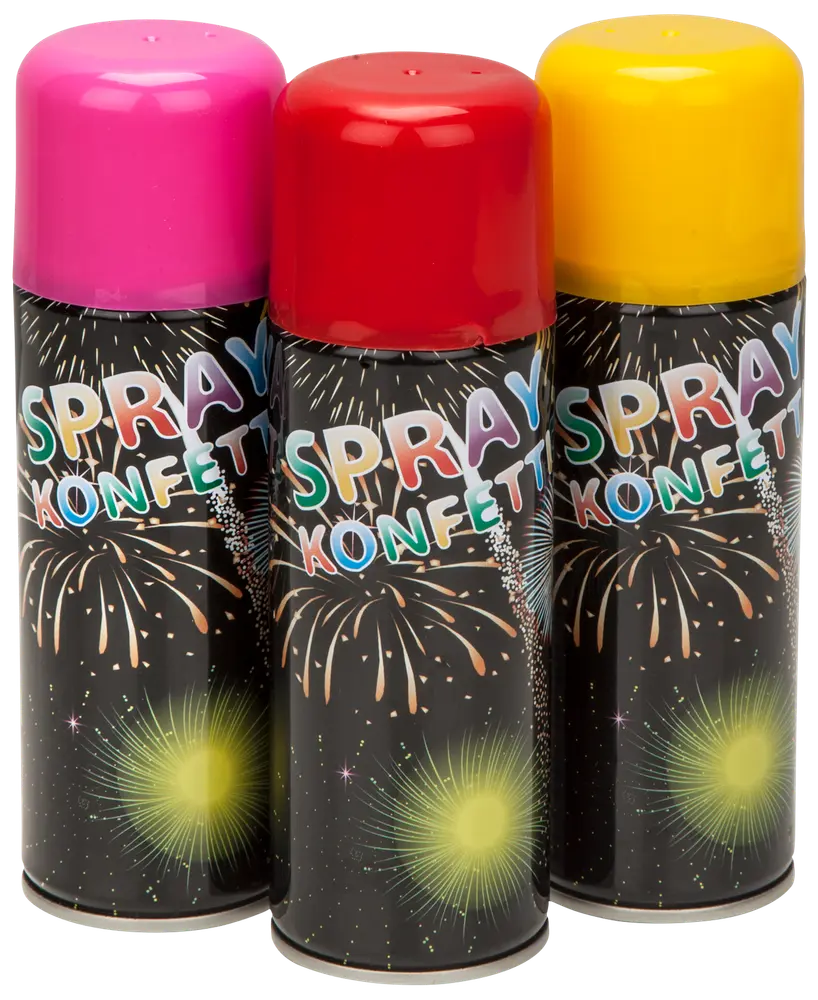 Sæt med tre spray-konfetti dåser med pink, rød og gul låg. Sorte dåser med farverige fyrværkeri og teksten 'Spray Konfetti'. Perfekt til fest og fejring.