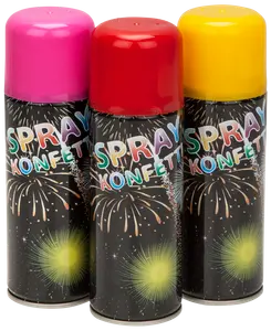 Sæt med tre spray-konfetti dåser med pink, rød og gul låg. Sorte dåser med farverige fyrværkeri og teksten 'Spray Konfetti'. Perfekt til fest og fejring.