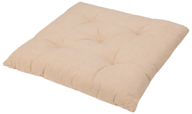 Kvadratisk beige sittdyna med knappar, mjukt tygöverdrag och tjock stoppning för komfort. Passar stolar, bänkar eller golv. Enkel, neutral stil som passar många inredningar.