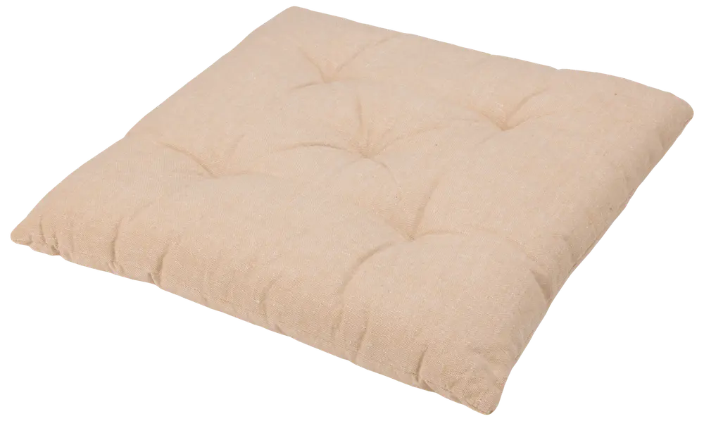 Kvadratisk beige sittdyna med knappar, mjukt tygöverdrag och tjock stoppning för komfort. Passar stolar, bänkar eller golv. Enkel, neutral stil som passar många inredningar.