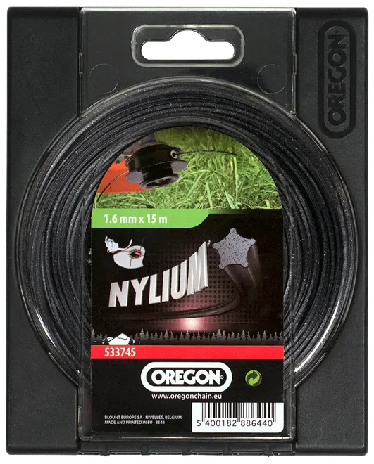 Oregon Nylium trimmerlina, 1,6 mm diameter, 15 m lång, svart färg, förpackad i rund plastförpackning. Passar grästrimmers och röjsågar.