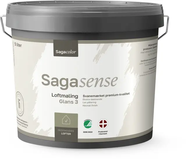 5 liters spand Sagasense loftmaling, Glans 3, til indendørs lofter. Svanemærket, premium kvalitet, let påføring, helmatt finish, produceret i Danmark. Gråt låg og hank.