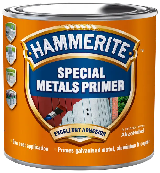 Hammerite Special Metals Primer, orange dåse, til grunding af galvaniseret metal, aluminium og kobber. Én-lags påføring, fremragende vedhæftning, til udendørs og indendørs metalskader.