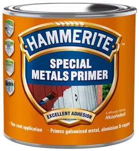 Hammerite Special Metals Primer, orange dåse, til grunding af galvaniseret metal, aluminium og kobber. Én-lags påføring, fremragende vedhæftning, til udendørs og indendørs metalskader.