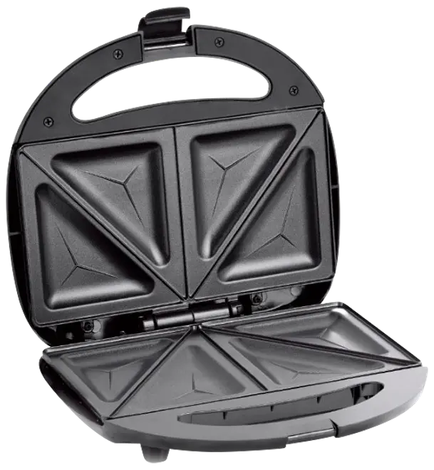 Elektrisk sandwichmaskine med non-stick plader, der skærer og forsegler to sandwiches i fire trekantede stykker. Har håndtag for nem åbning og kompakt design.