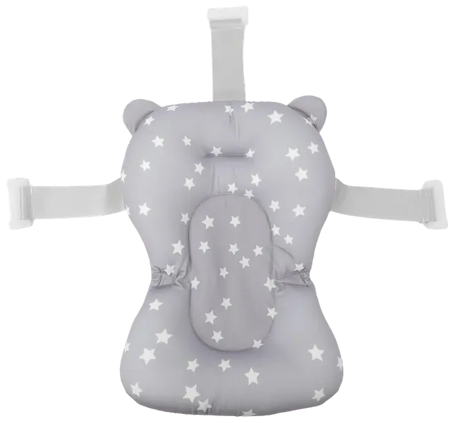 Grå badkudde för baby med vitt stjärnmönster, mjuk stoppning, björnöron och justerbara remmar för säker fastsättning i badkar. Ger komfort och stöd för spädbarn.
