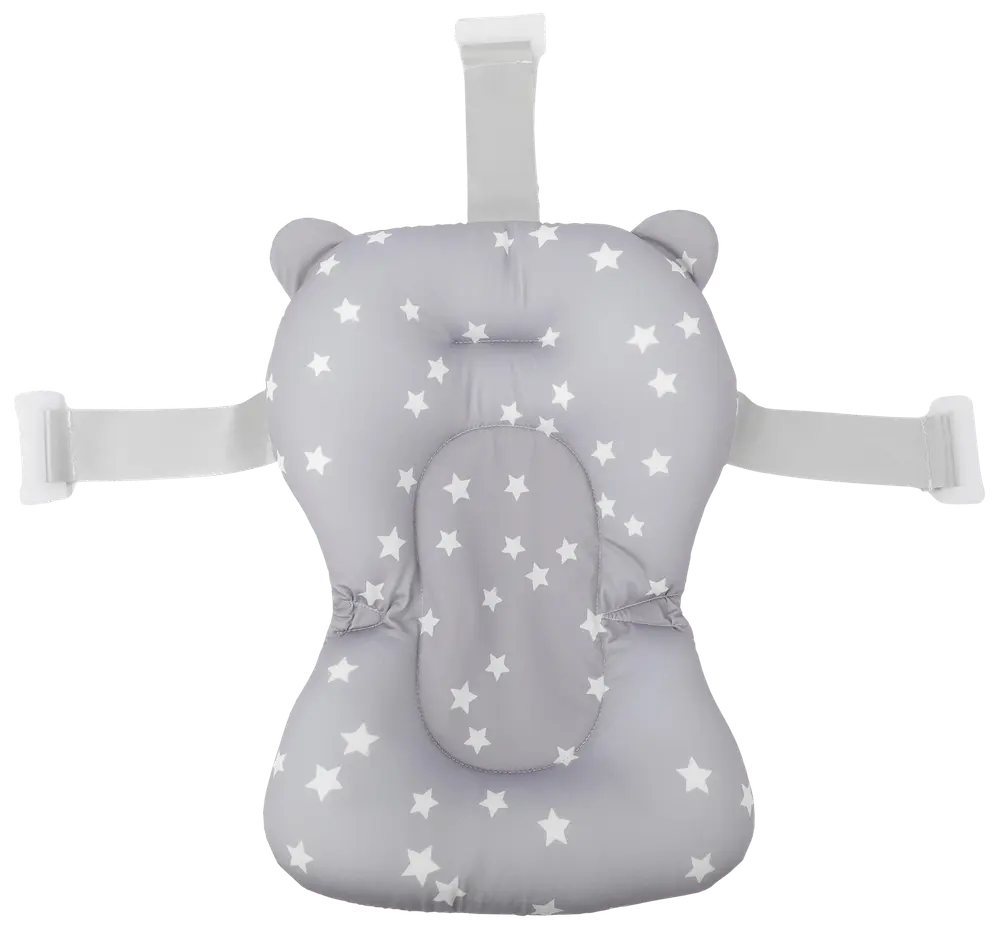 Grå badkudde för baby med vitt stjärnmönster, mjuk stoppning, björnöron och justerbara remmar för säker fastsättning i badkar. Ger komfort och stöd för spädbarn.