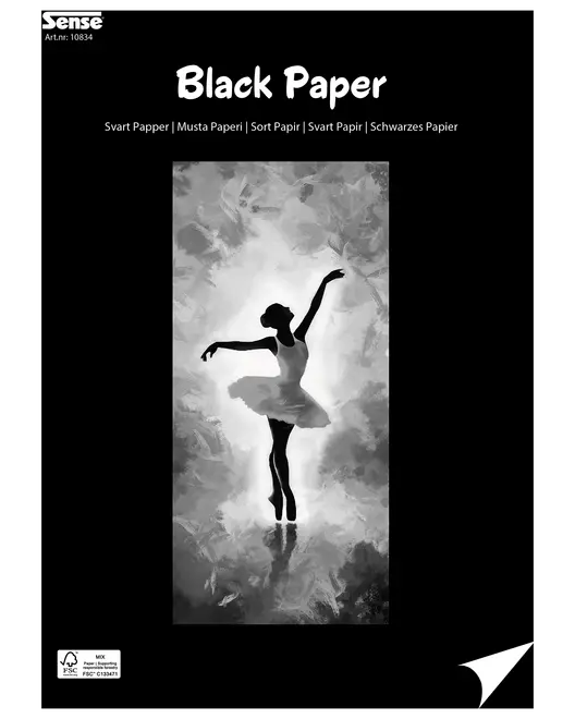 Block med svart papper för teckning eller pyssel, omslaget visar en ballerinasiluett i vit tyllkjol, passar för kreativa projekt.