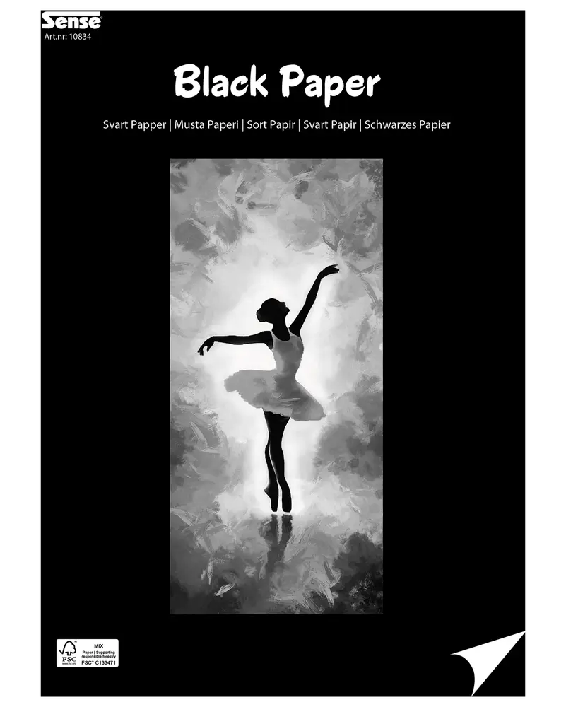 Block med svart papper för teckning eller pyssel, omslaget visar en ballerinasiluett i vit tyllkjol, passar för kreativa projekt.