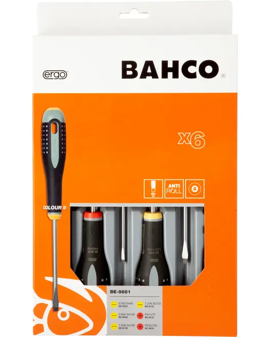Sæt med 6 Bahco-skruetrækkere med ergonomiske håndtag, anti-roll design og farveidentifikation. Leveres i orange og hvid æske med vindue, der viser håndtagene.