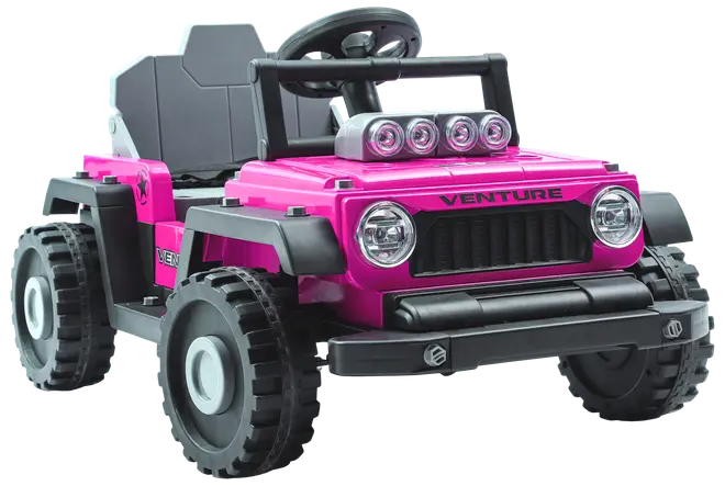 Lyserød elbil til børn, designet som en offroad-jeep med sorte hjul, frontgitter, forlygter, fire taglygter, rat og to sæder.