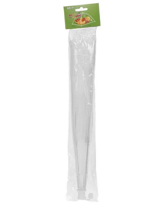 Lang, konisk si i rustfrit stål, 30 cm, med plastikgreb. Pakket i klar plast med grøn etiket med frugt- og grøntsagsillustrationer.